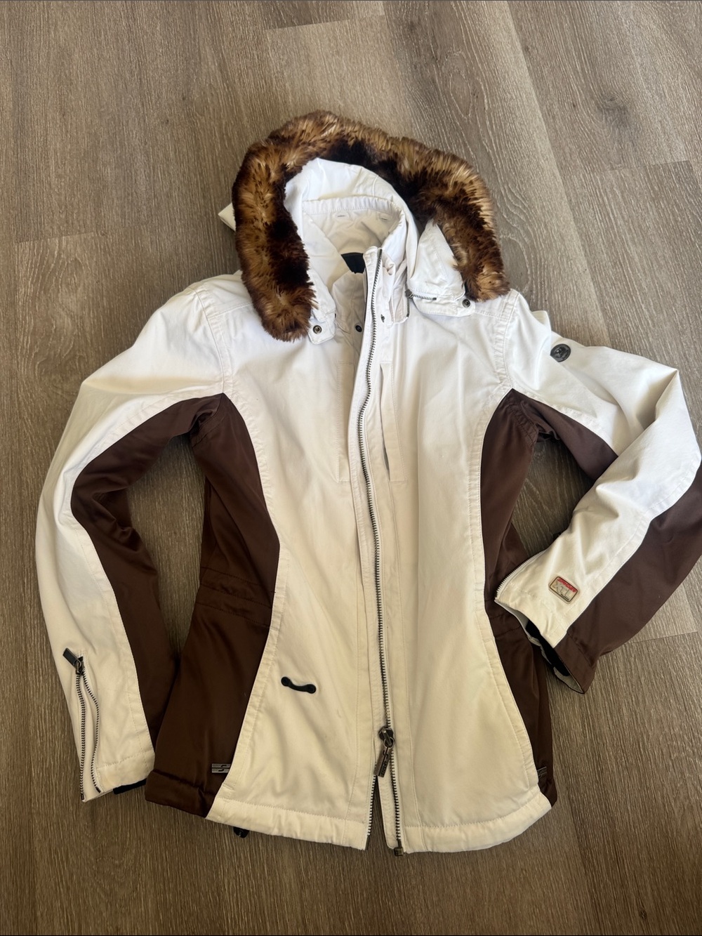 Spyder White and Brown Faux-Fur Hooded Ski Jacket